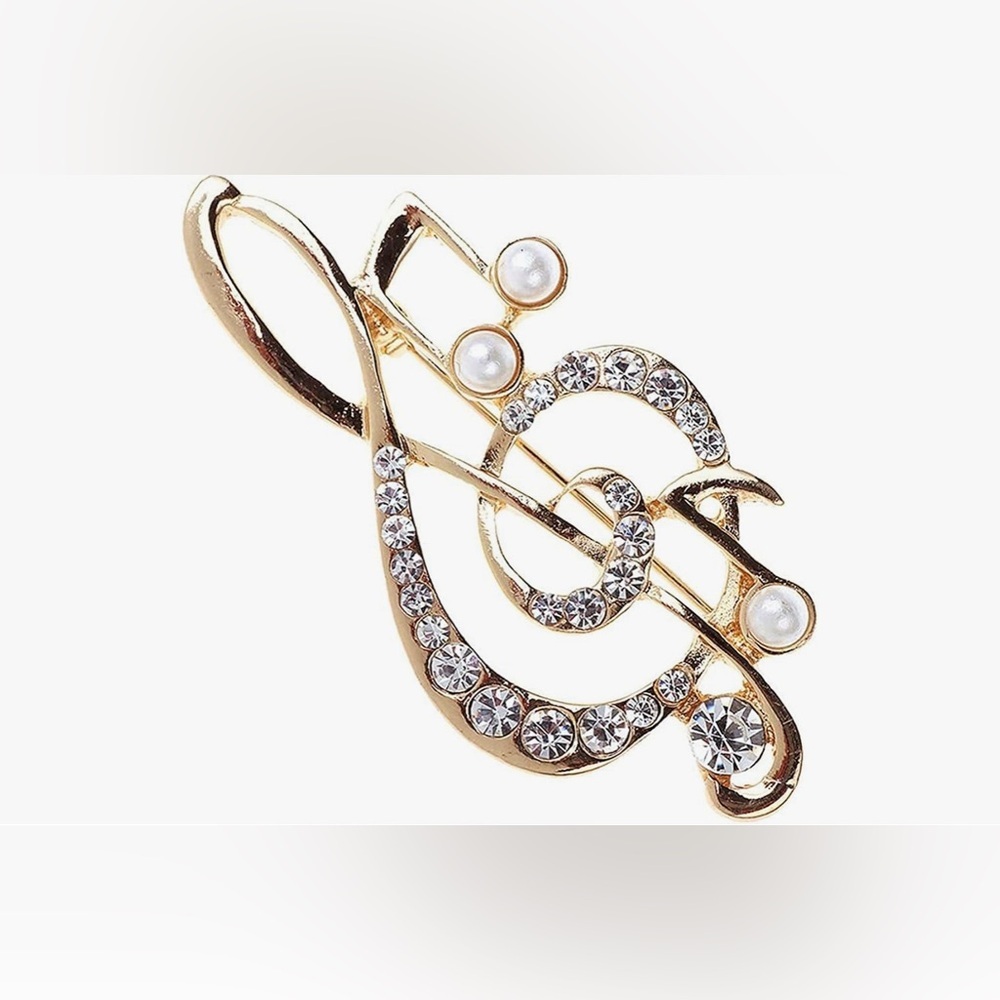 Sparkly Treble Clef + Music Note Fashion Rhinestone, Pearl Brooch Pin, Gold - Picture 15 of 17